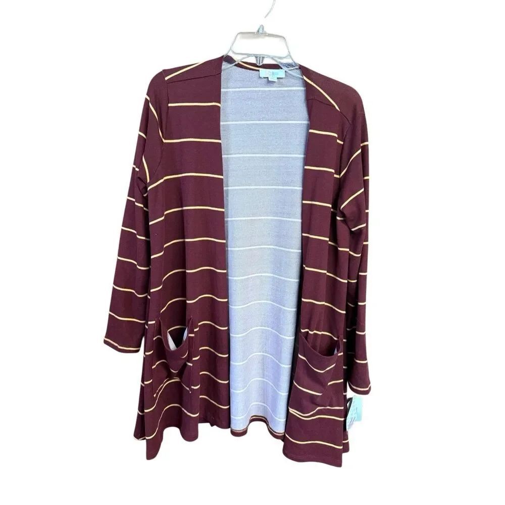 Lularoe Caroline Open Knit Cardigan Sz M Brown/Yellow-Gold Stripe NWT